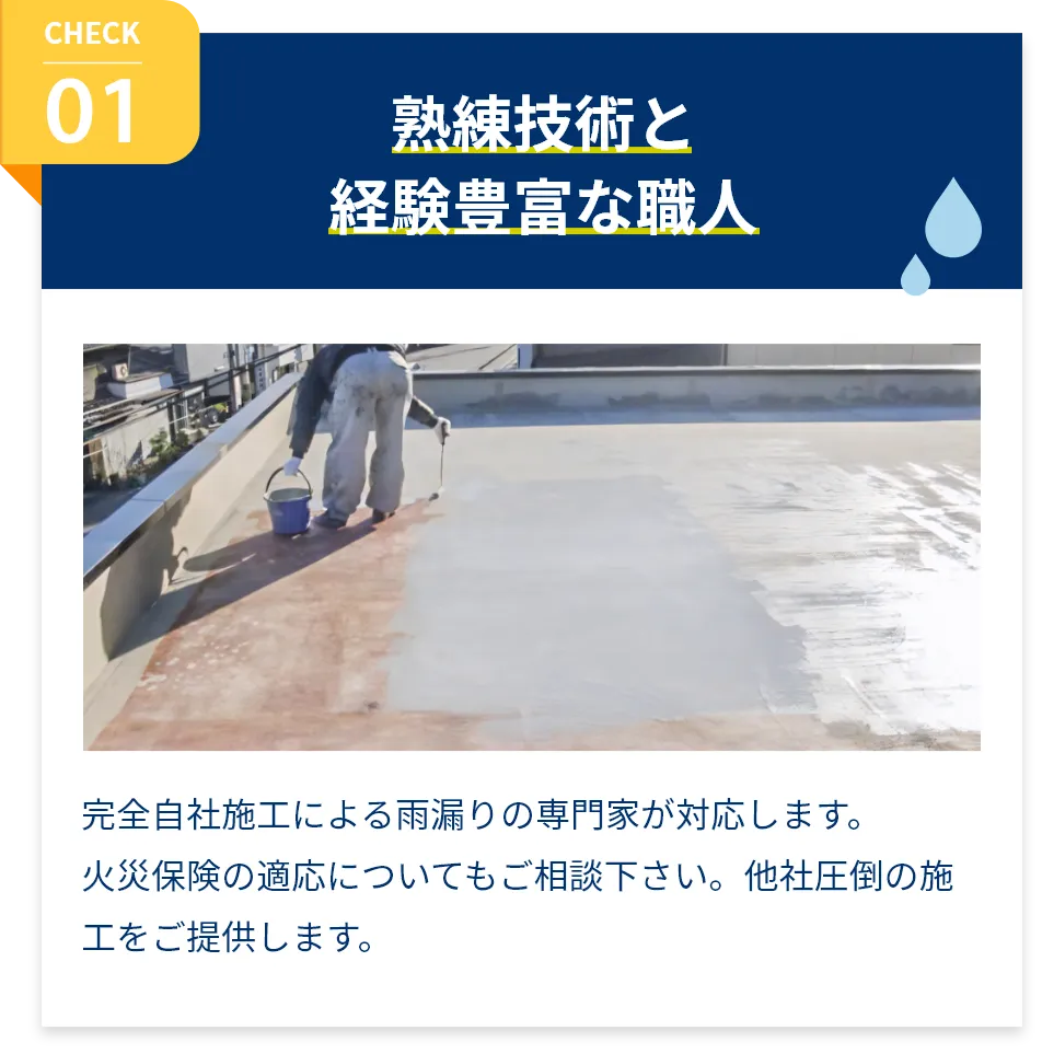 熟練技術と経験豊富な職人。完全自社施工による雨漏りの専門家が対応します。火災保険の適応についてもご相談下さい。他社圧倒の施工をご提供します。